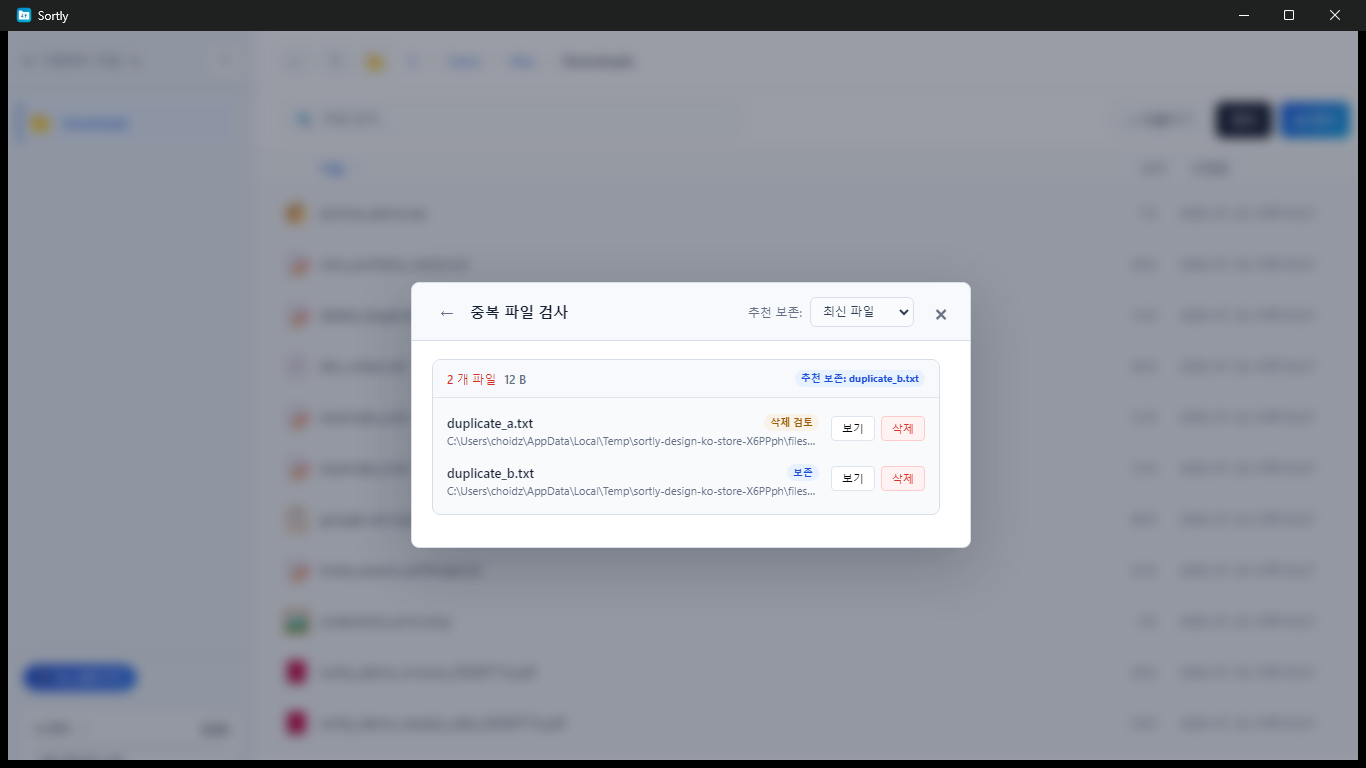 내용이 같은 중복 파일을 그룹으로 표시한 화면