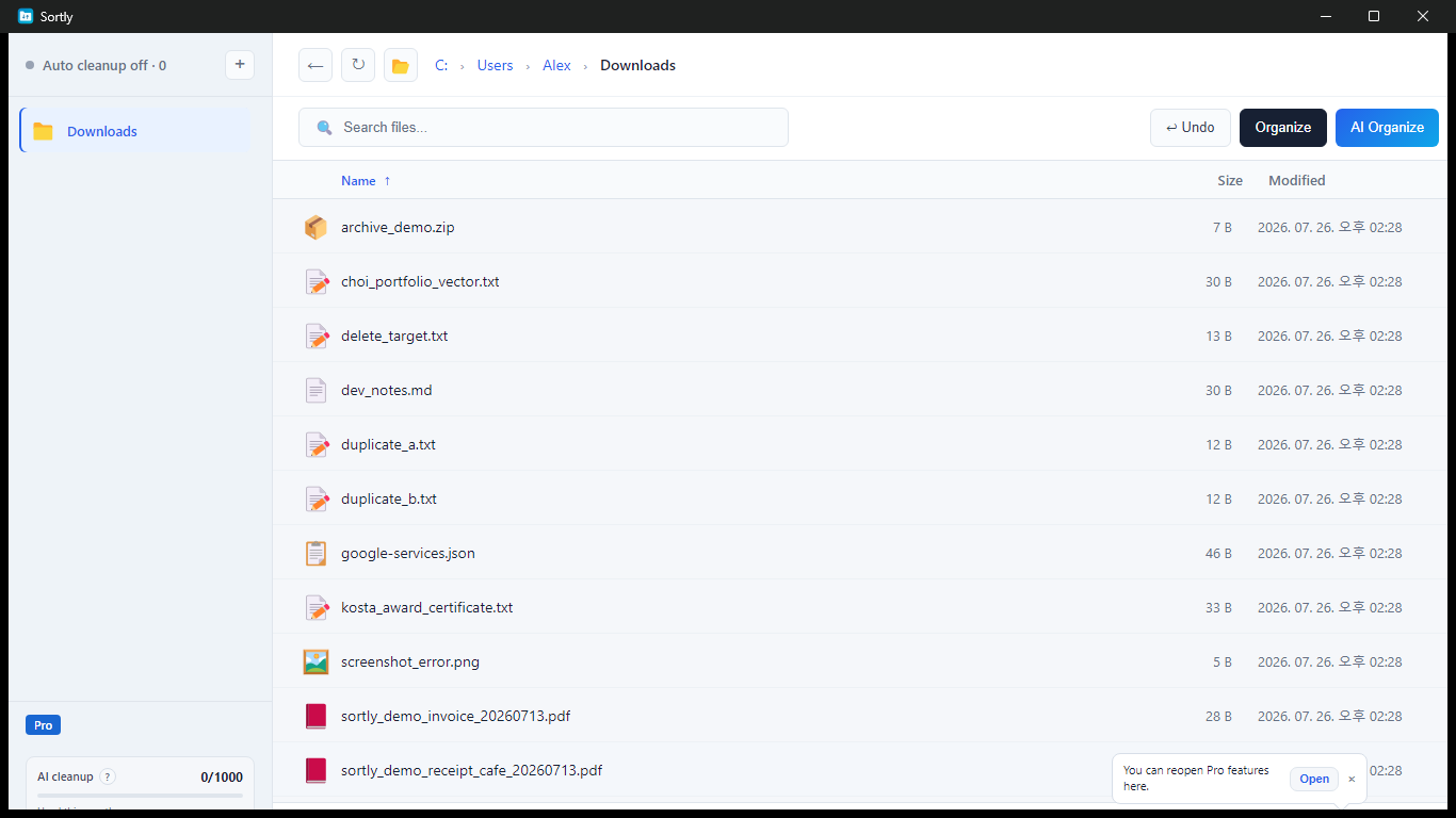 Sortly main window showing files in the Downloads folder