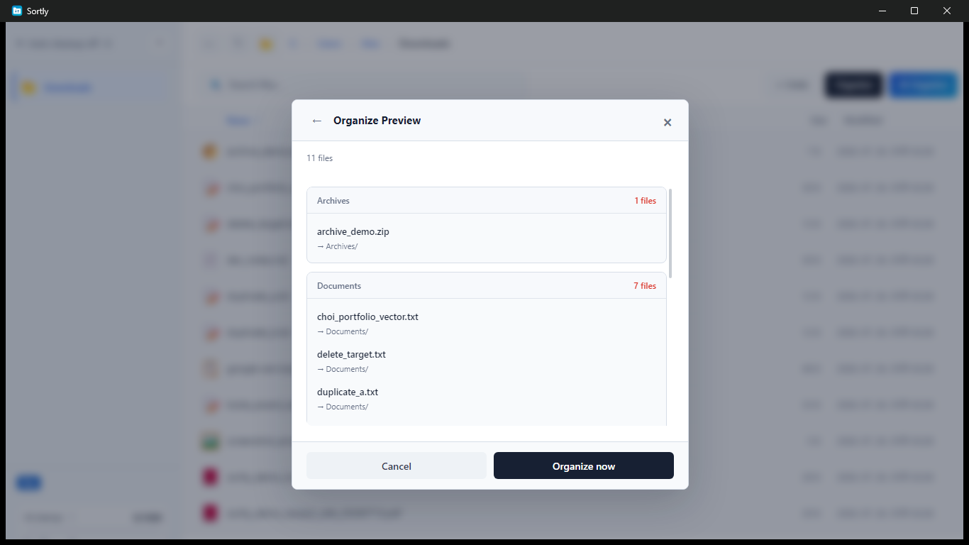 Sortly preview showing files and their destination folders