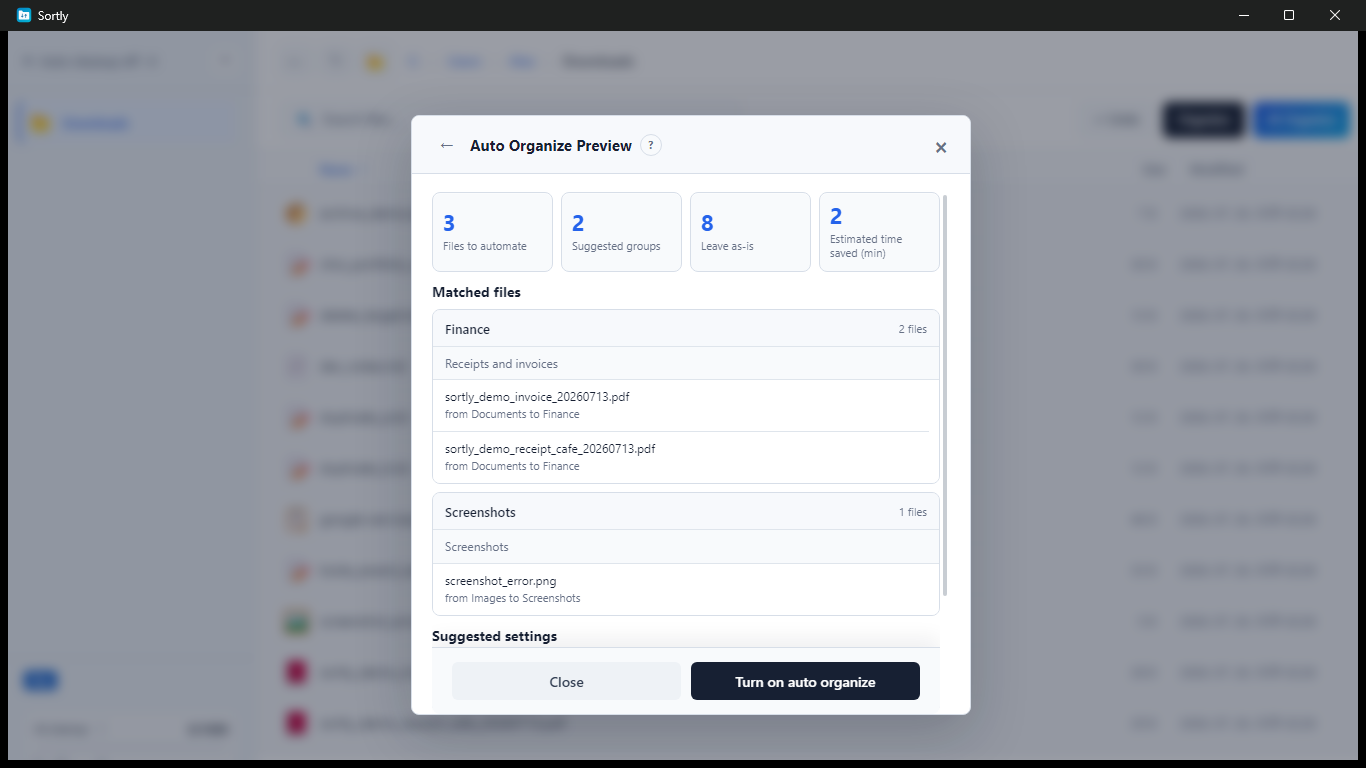 Sortly automation preview with suggested groups and rules