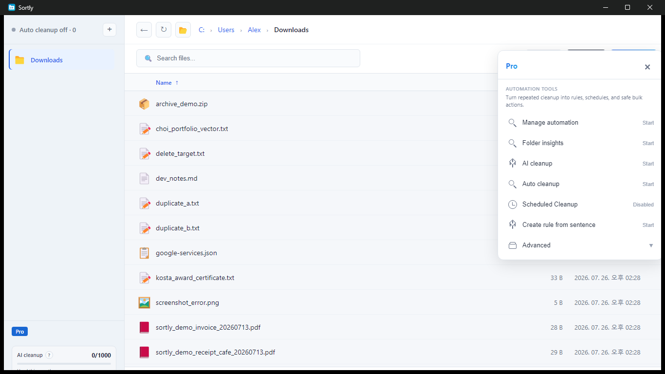 Sortly Pro control center for automation, insights, AI cleanup, and schedules